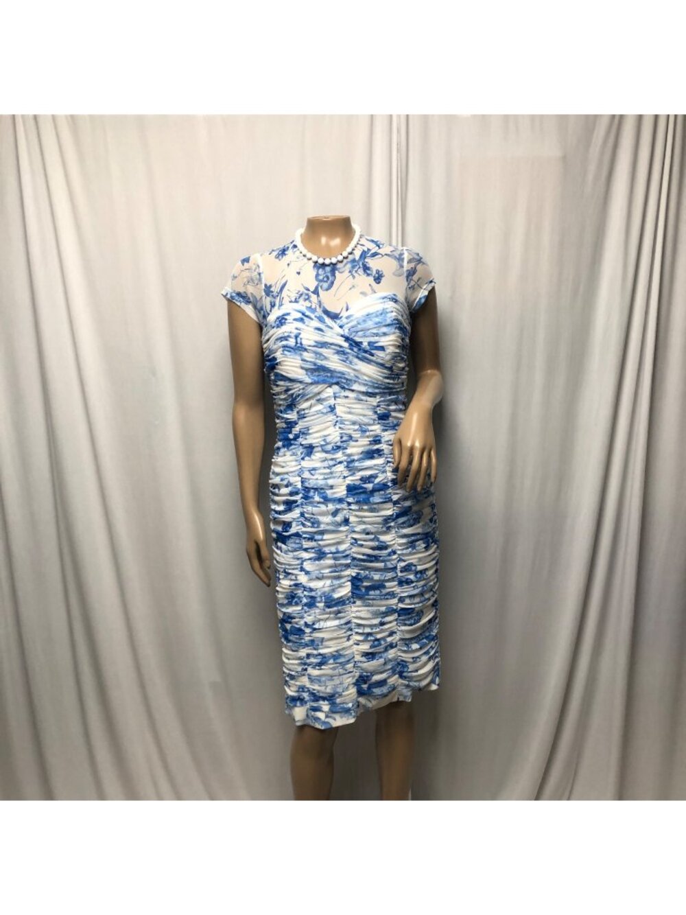 Vicky Tiel Ruched Floral Dress Womens Size Medium Blue White Sweetheart Cocktail